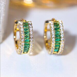 14K Gold Mens Round 1ct Green Emerald 2ct Diamond Gemstone Earrings 14 K Jewelry